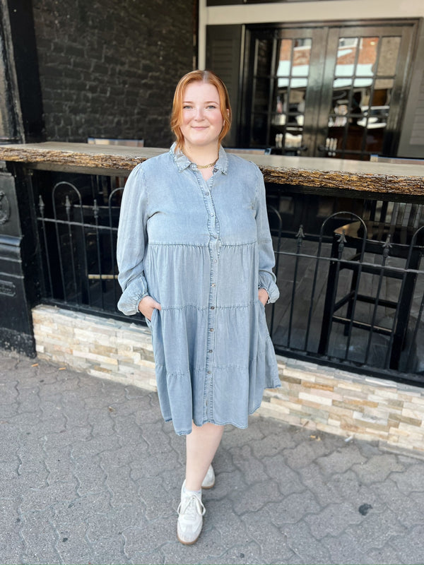 Curvy Denim Washed Long Sleeve Midi Dress