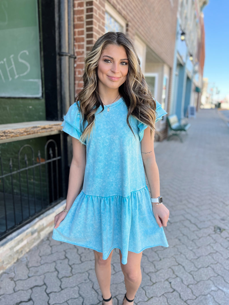 Blue Acid Wash Peplum Style Dress