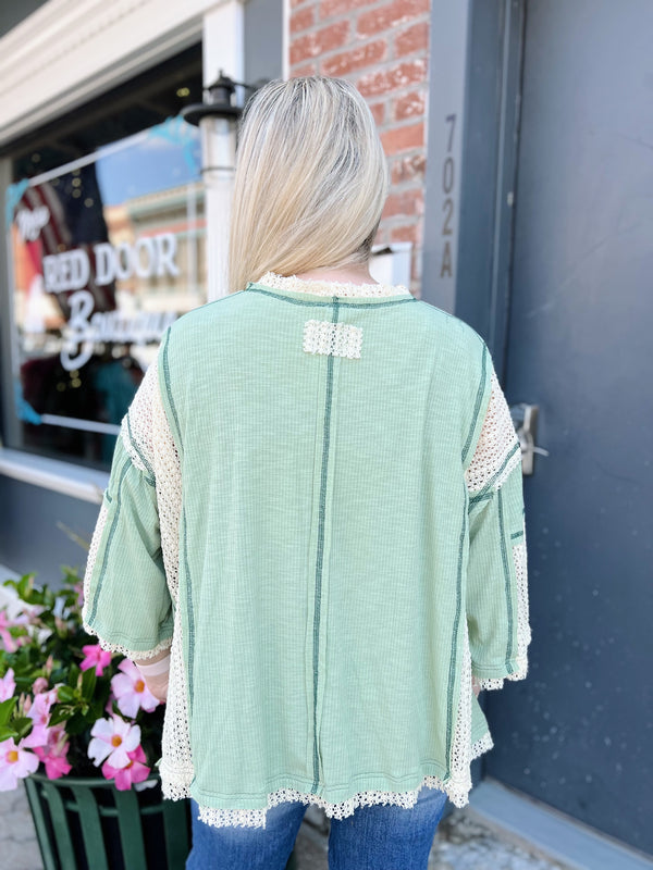 Sage Crocheted Detail Oversized Top