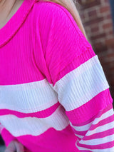 Hot Pink Crinkle Cutwith Striped Detail Sleeve