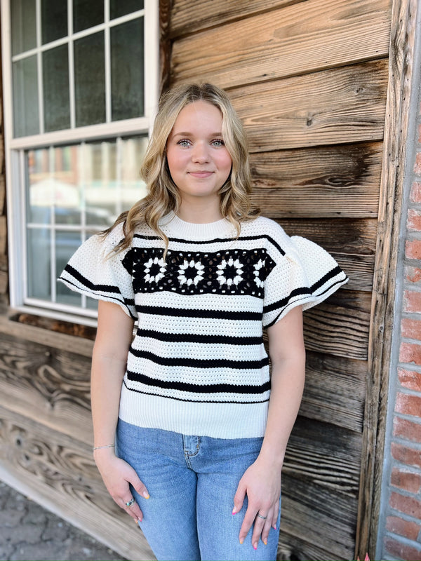 Ivory Striped Daisy Knit Wide Flounce Sleeve Top