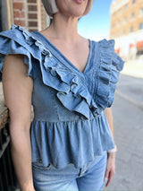 Denim Ruffled Peplum Top