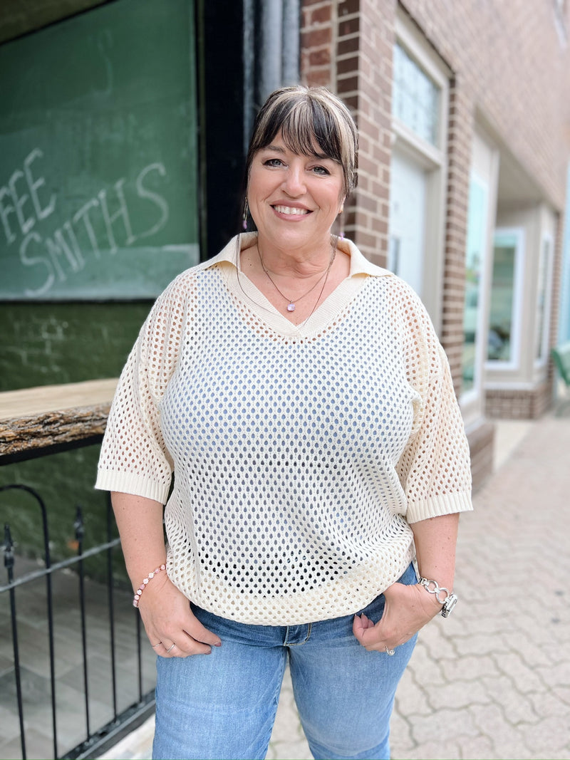 Curvy Oatmeal Collared Netted Top