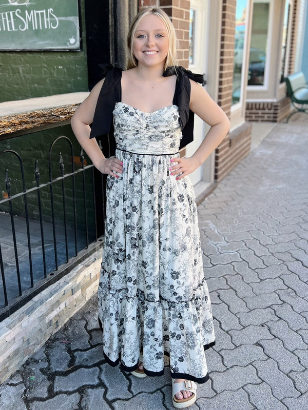 Vintage Black Floral Tie Shoulder Dress