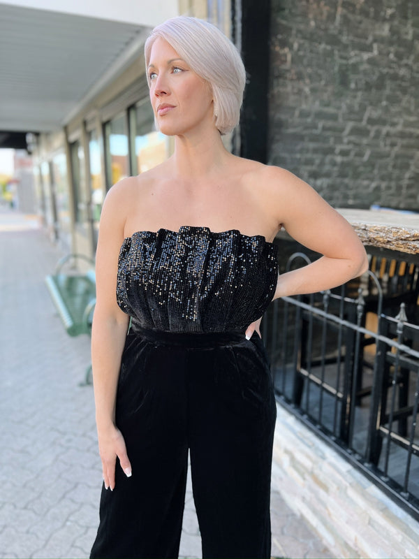 Black Strapless Sequin Top Jumpsuit