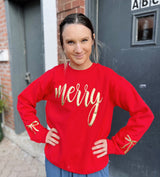 Red Crewneck With Gold Merry Front And Bows On Sleeves