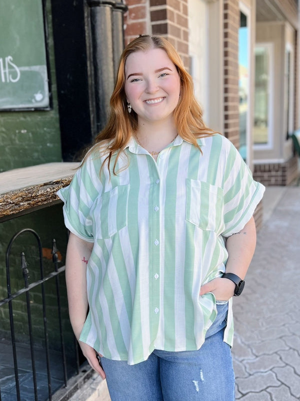 Curvy Sage Striped Button Down Top