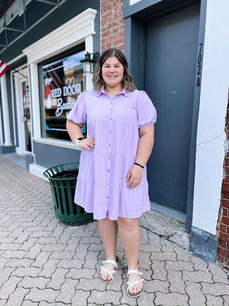 Curvy Lilac Puff Sleeve Collared Dress