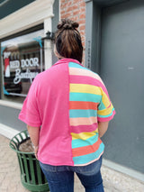 Pink Collared Contrast Striped Top