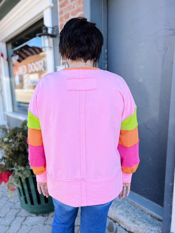 Pink Split Waist Pullover with Color Block Sleeve