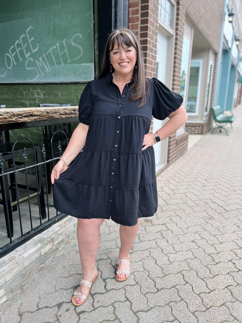 Curvy Black Puff Sleeve Collared Dress