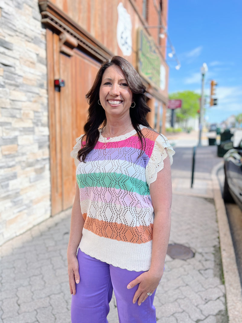 Multi Color Striped Cap Sleeve Crocheted Top