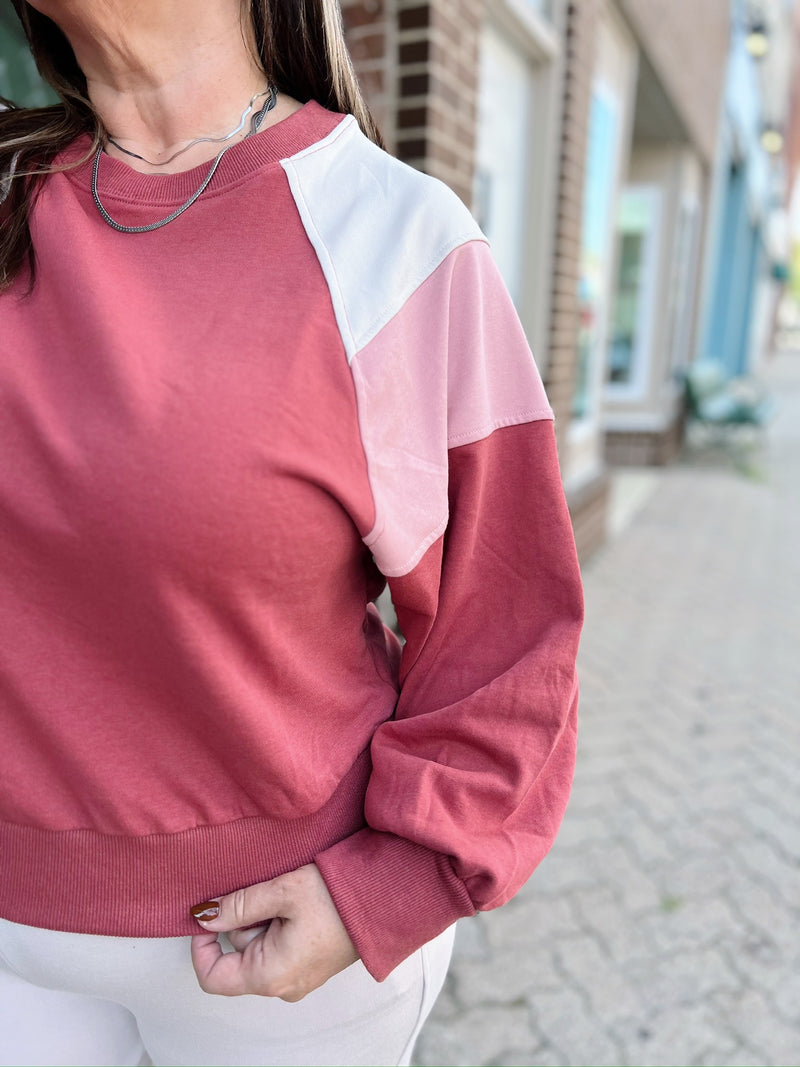 Curvy Rust Combo Contrast Crewneck Top