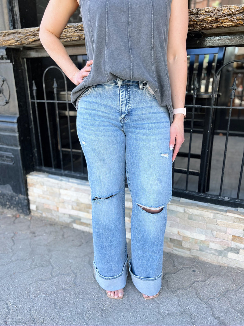 Addy's Mid Rise Distressed Wide Cuff Jeans