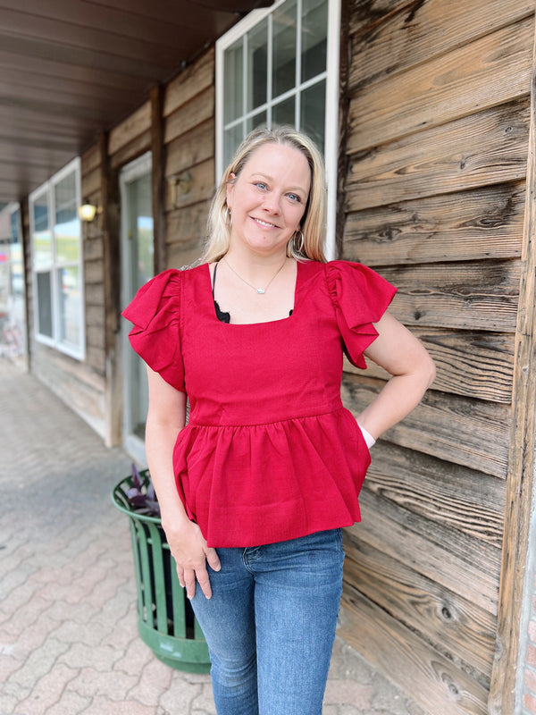 Square Neck Ruffle Sleeve Top