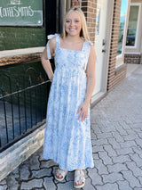 Blue Printed Tie Shoulder Dress