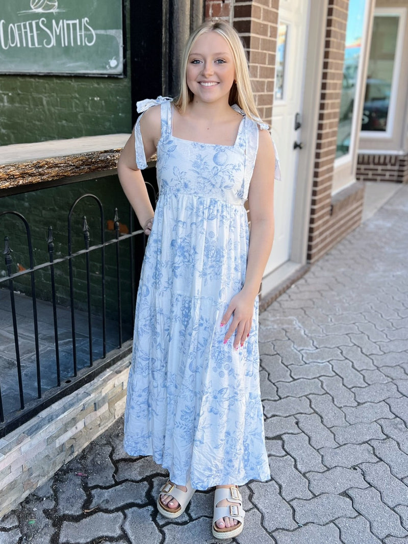 Blue Printed Tie Shoulder Dress