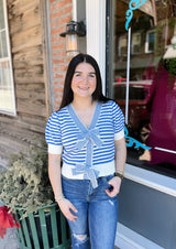 Short Sleeve Striped Sweater With Bows On Front