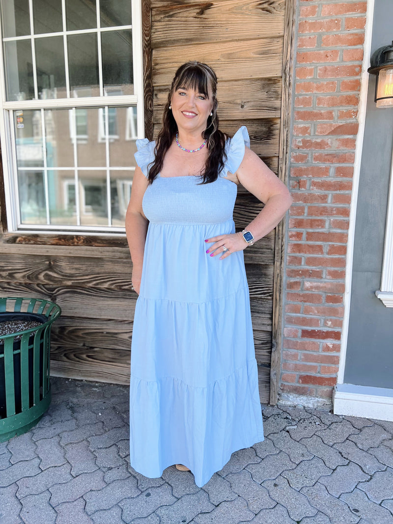 Curvy Light Blue Ruffle Cap Sleeve Maxi Dress