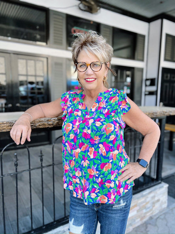 Royal Blue Floral Cap Sleeve Stretch Top