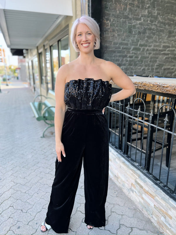 Black Strapless Sequin Top Jumpsuit