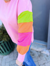 Pink Split Waist Pullover with Color Block Sleeve