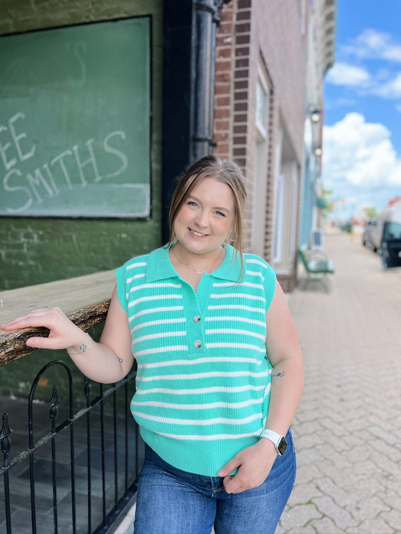 Mint Striped Collared Sweater Top