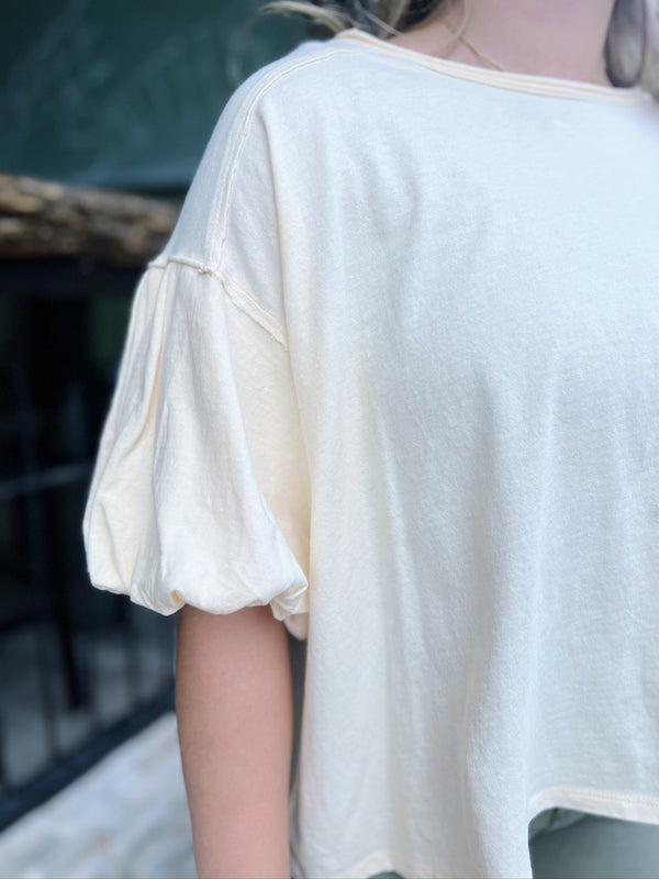 Cream Bubble Sleeve Pocket Detail Top