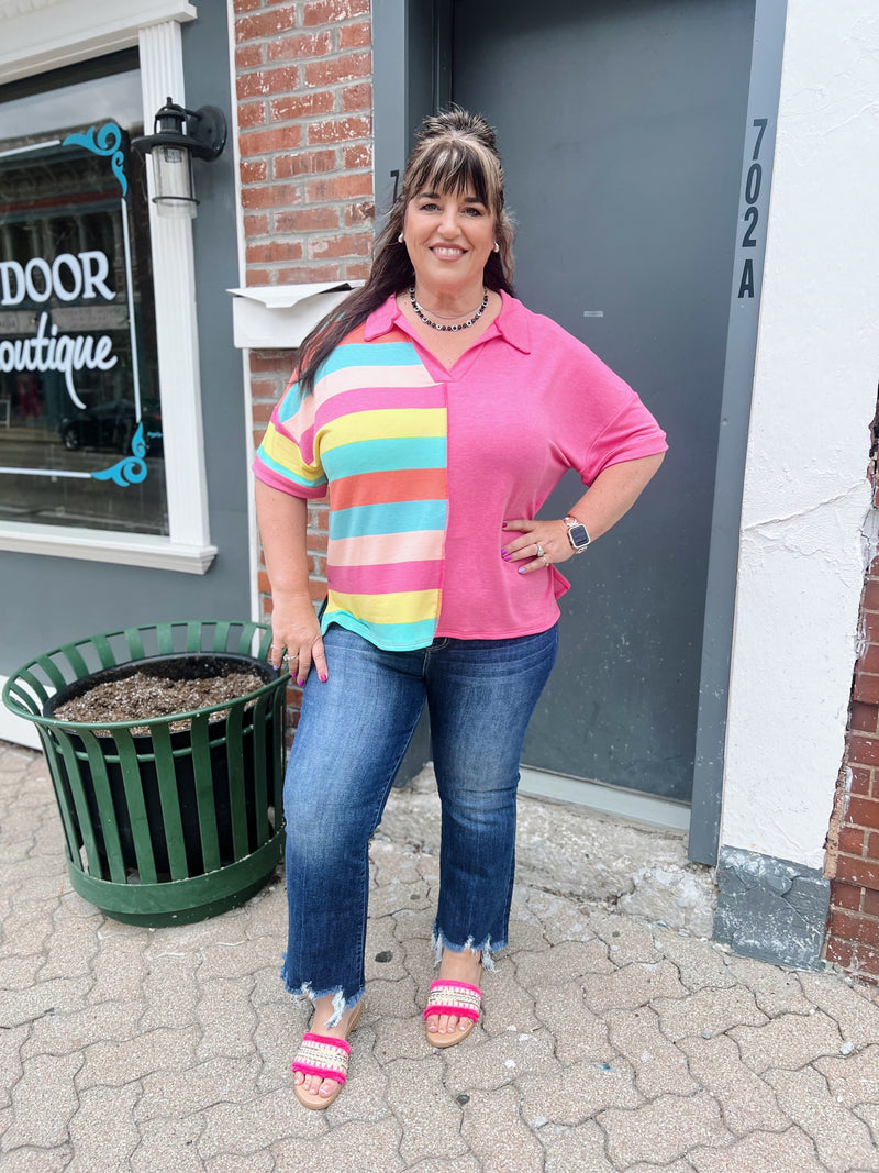 Curvy Pink Collared Contrast Striped Top