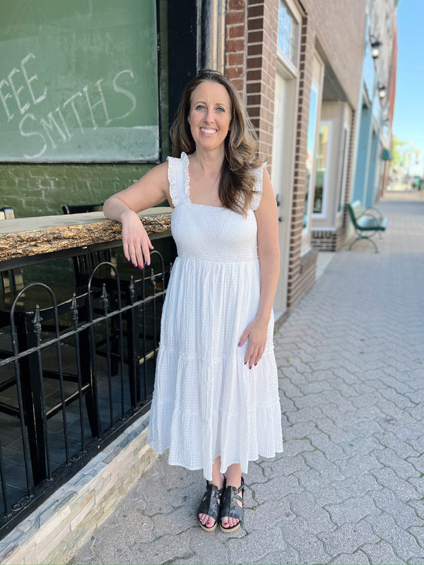 White Smocked Midi Dress