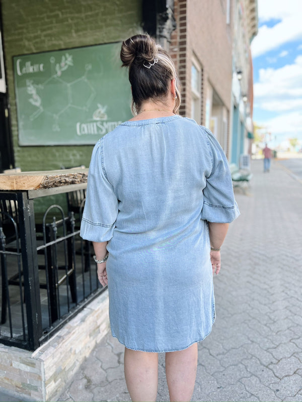 Curvy Denim Blue 3/4 Balloon Sleeve Dress