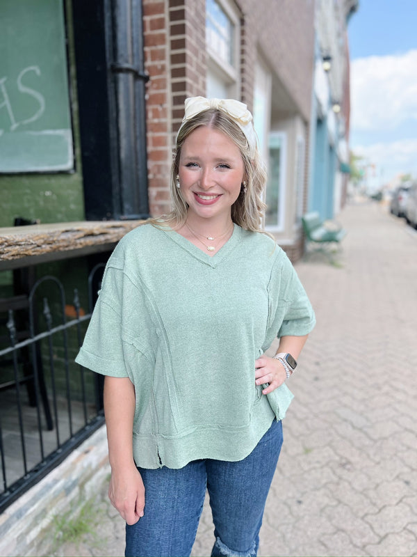 Sage Cuffed Sleeve Raw Hem Top