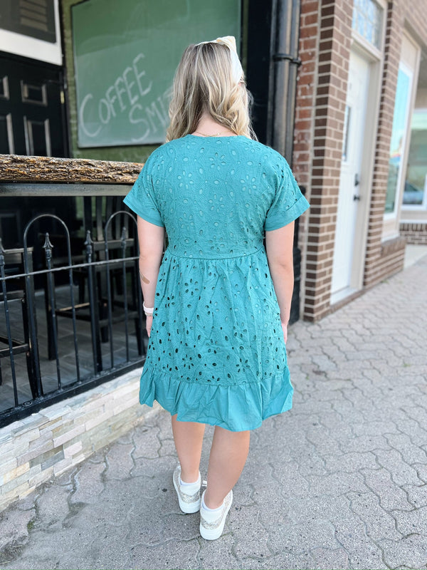 Sea Green Eyelet Ruffle Hem Dress