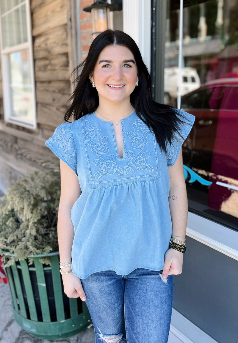 Denim Embroidered Flutter Sleeve Top