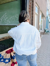 Curvy white denim jacket with pearls