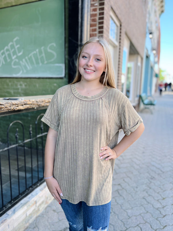 Mocha Ribbed Raglan Top