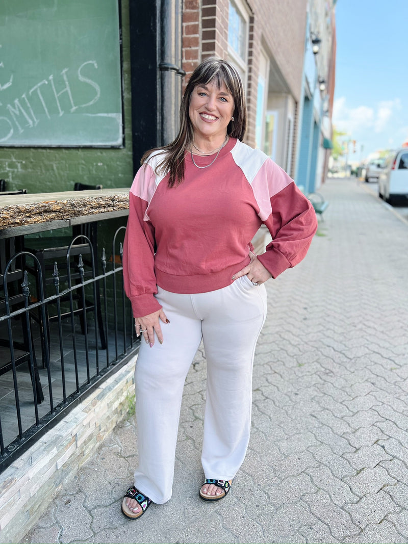 Curvy Rust Combo Contrast Crewneck Top