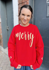 Red Crewneck With Gold Merry Front And Bows On Sleeves