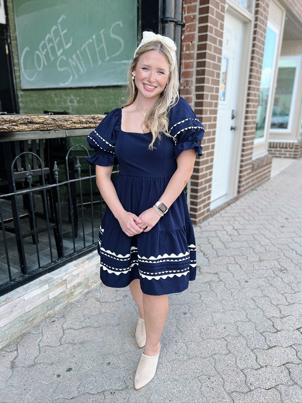 Navy Ric Rac Tiered Puff Sleeve  Dress