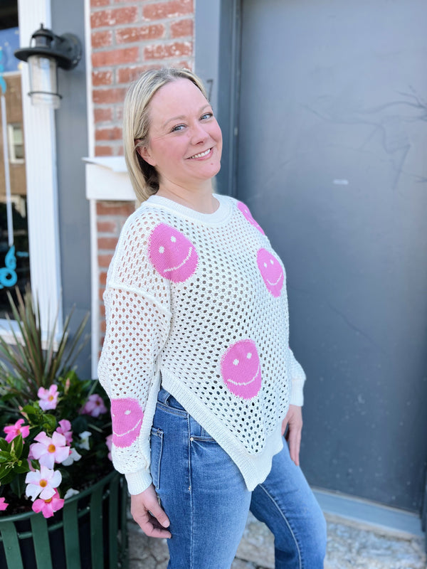 Cream Knit Pink Smiley Face Top