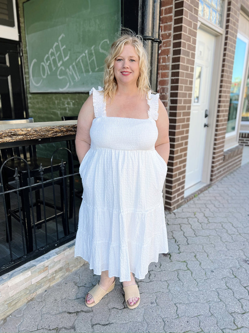 Curvy White Smocked Midi Dress