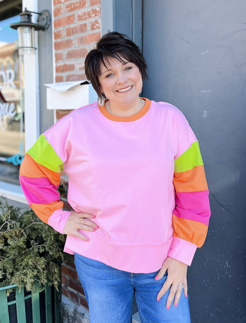 Pink Split Waist Pullover with Color Block Sleeve