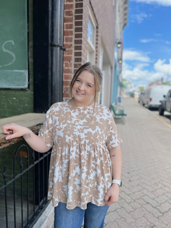 Taupe Floral  Peplum Top