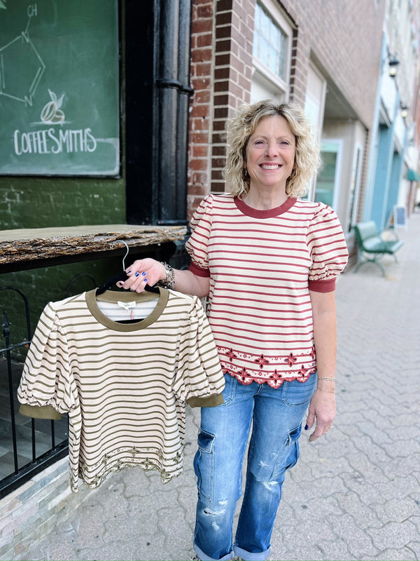 Striped Puff Sleeve Eyelet Detail Top