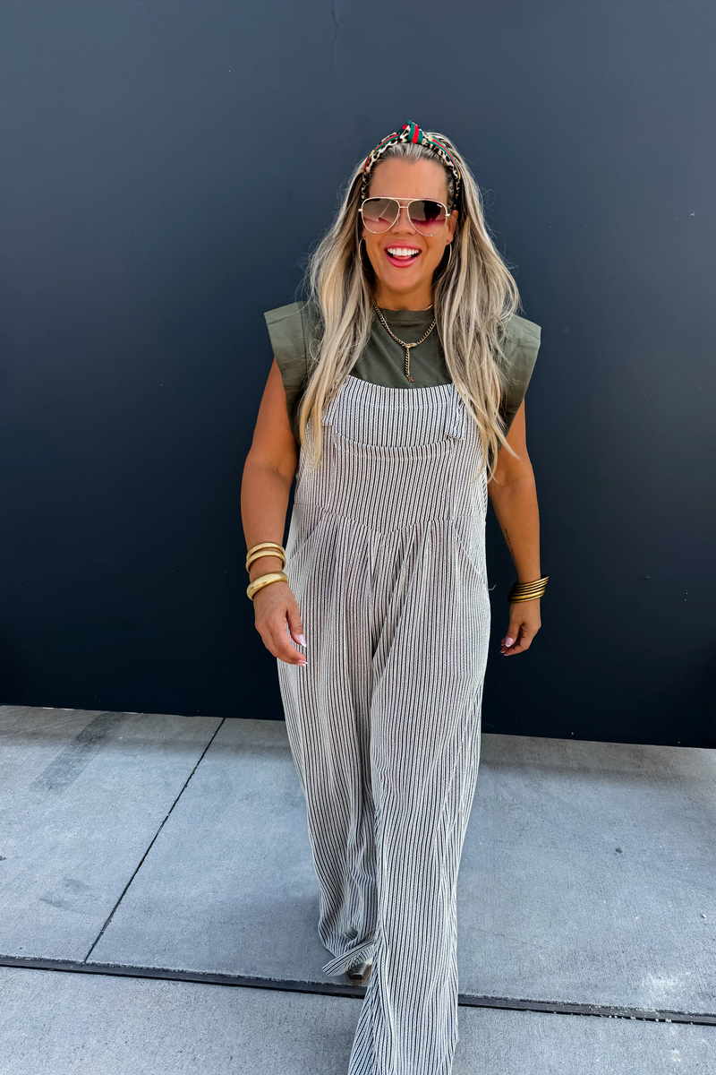 Ribbed with Pleating and Front Pockets Boho Overalls