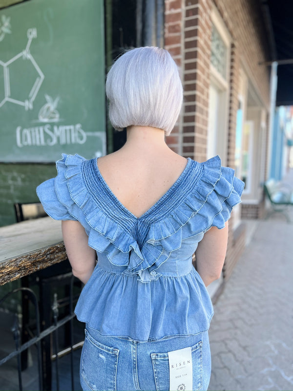 Denim Ruffled Peplum Top