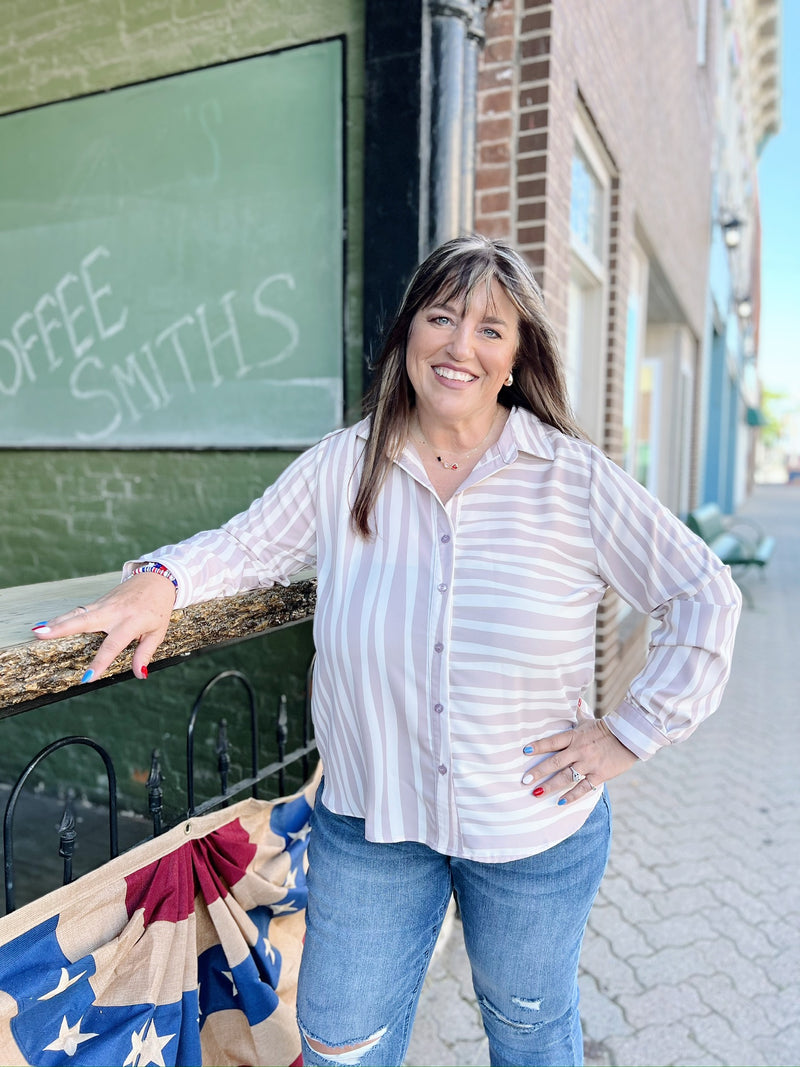 Curvy Taupe Striped Contrast Top