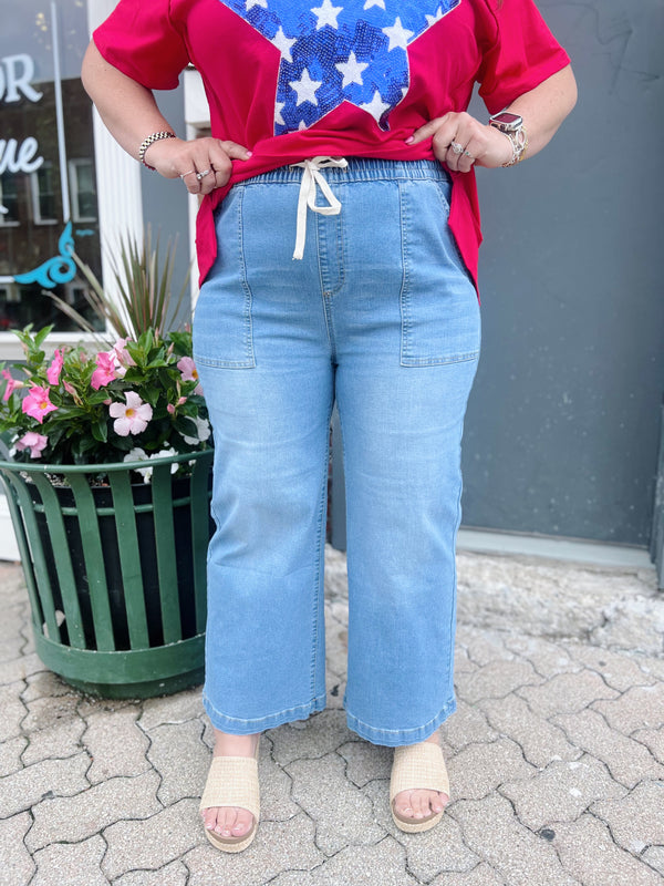 Curvy Chambray Drawstring Cropped Pants