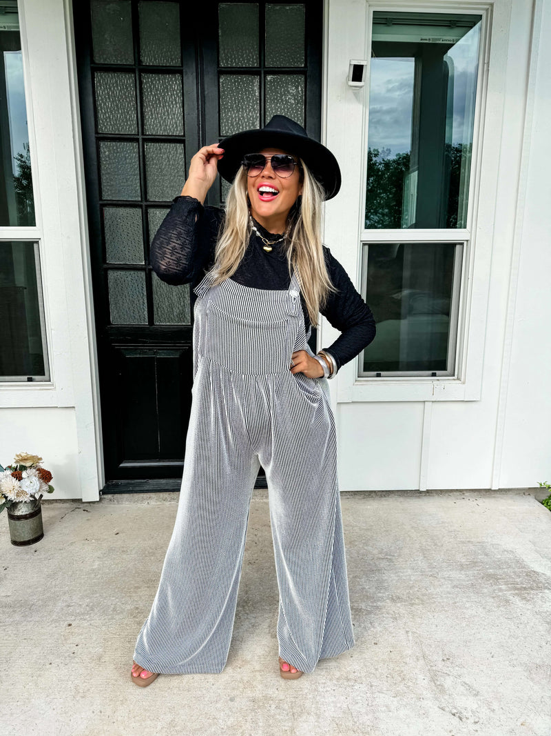 Ribbed with Pleating and Front Pockets Boho Overalls