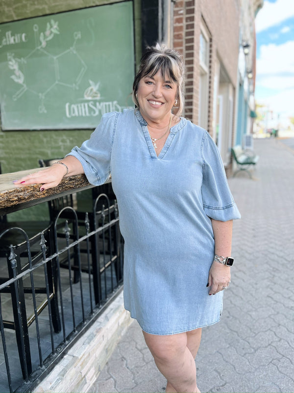 Curvy Denim Blue 3/4 Balloon Sleeve Dress